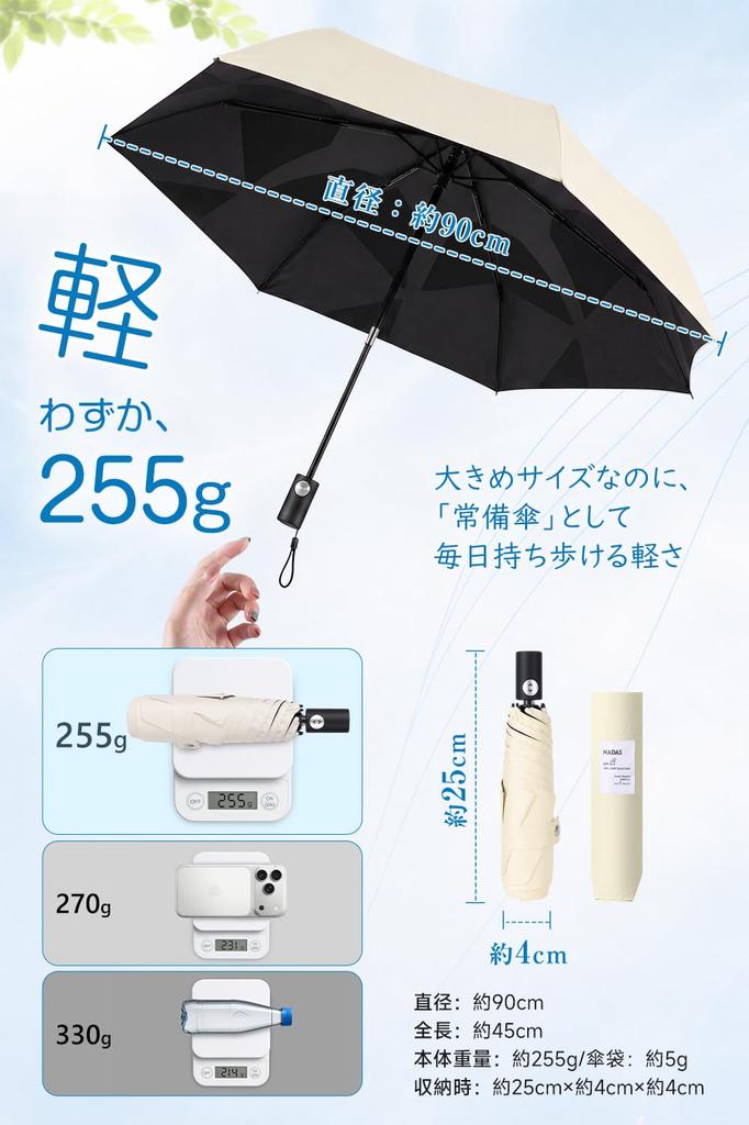 Parasol UV Complete Sun Folds in 3 JIS Heat Automatic Opening and Suitable for Sunny and Rainy Windproof and Water Repellent [Shape Memory, 100% Cut,