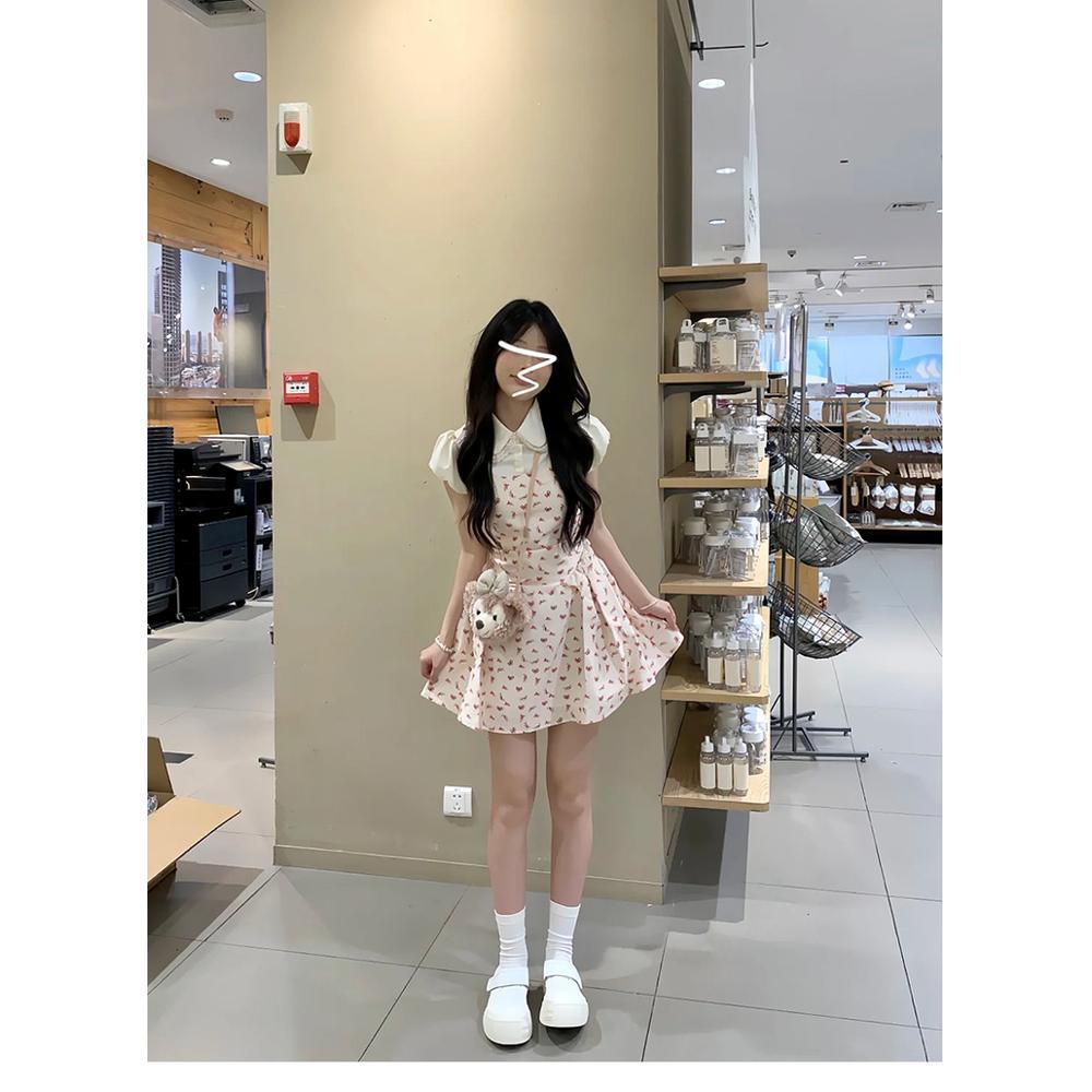 Sweet Pink Fake Two-piece Dress Women's Summer College Style Princess Dress Xiaoxiangfeng Waist and Thin Skirt