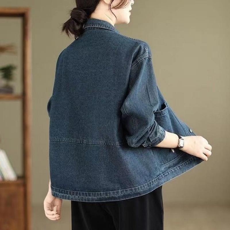 Women Casual Denim Jackets Autumn Vintage Style Turn-down Collar Loose Female Long Sleeve Jeans Coats