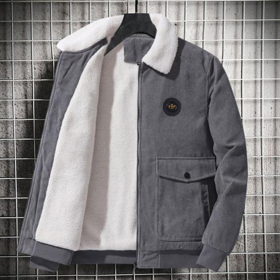 Men Cargo Jacket Solid Color Plush Lining Coldproof Autumn Winter Turndown Collar Zipper Corduroy Coat Streetwear