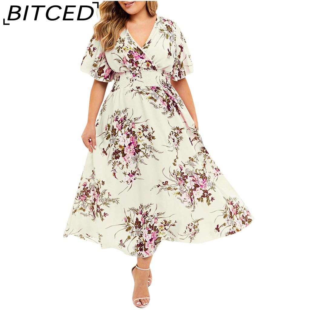BITCED Plus Size Fashion Women Casual Floral Print V Neck Short Dress