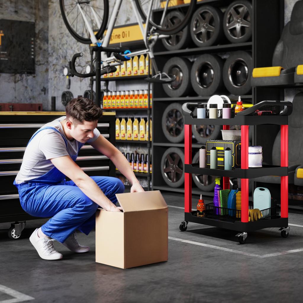 3-Tier Rolling Tool Cart, Tool Trolley On Wheels, Plastic Mobile Service Utility Cart with Handles for Garage, Mechanics and Warehouse, 91kg Capacity