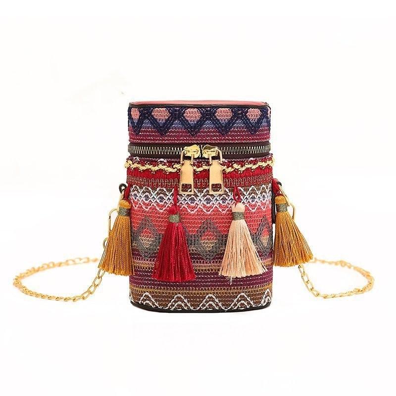 Colorful Style Ethnic Woven Texture Women Chain Cylindrical Bag With Tassel