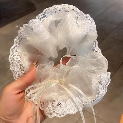 Korean Luxury Ribbon Lace Large Scrunchies Female Girls White Sweet Hair Ropes Temperament Black Headband Fairy Ponytail Holder