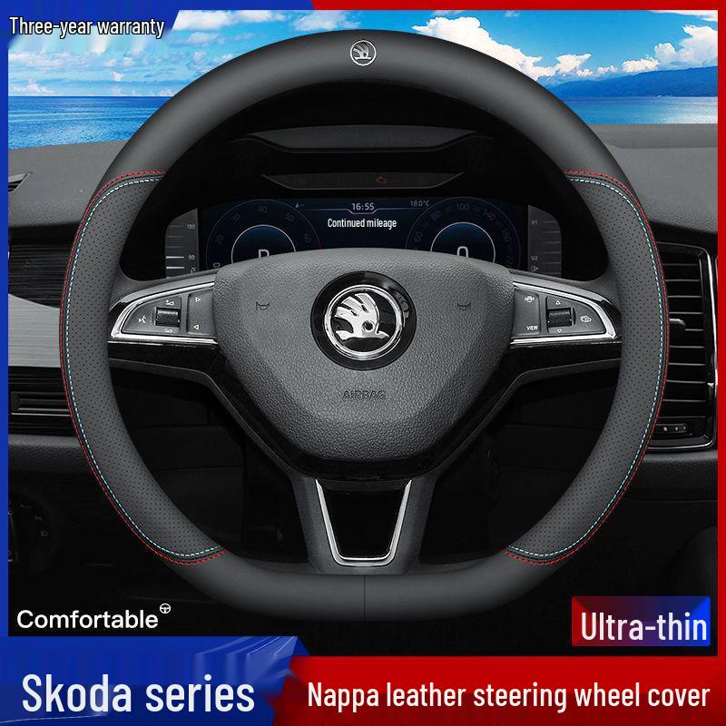 Skoda Leather Steering Wheel Cover for Octavia, Karoq, Kodiaq GT, Superb, Kamiq - Ultra-thin All-Season Universal Fit