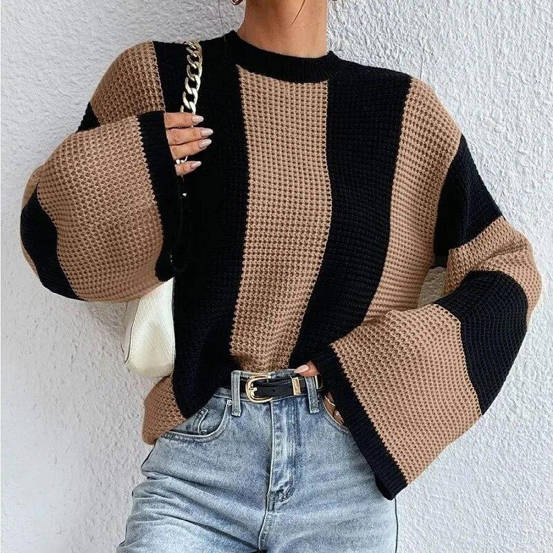 Lady Outwear Pullovers Striped Loose Fit Knitted Pullovers Women Autumn Spring Fashion Long Sleeve Knitwear Sweater Sexy
