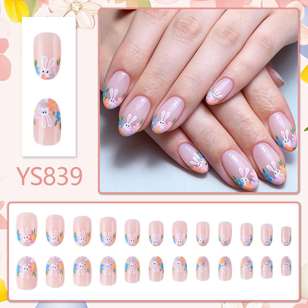Easter Round Head Cute Rabbit & Flower Nail Art Set - 24 Detachable Glossy False Nails