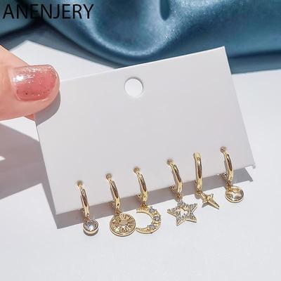 6 Pieces/set Sun Moon Star Hoop Earrings Set For Women Creative Micro Zircon Girl Party Jewelry