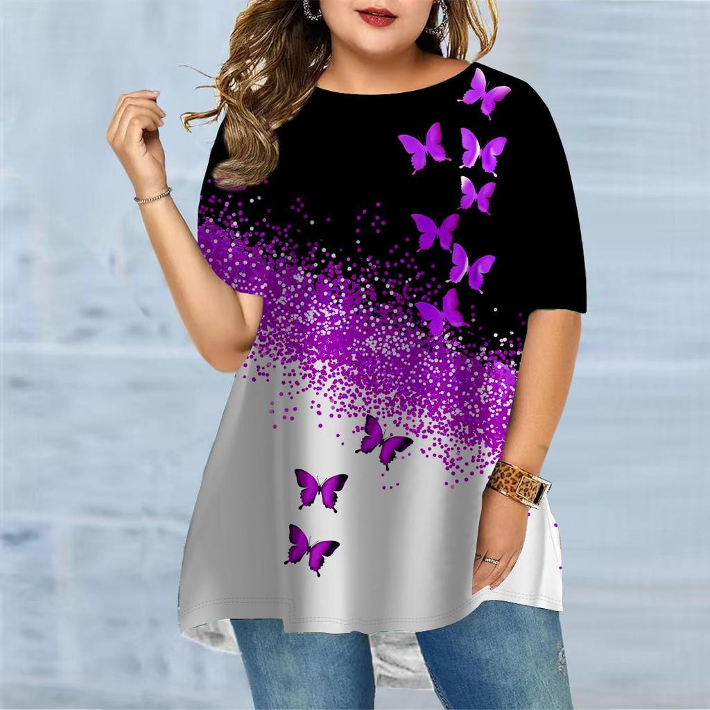 Ladies Summer Colorful Flower Butterfly Printed Large Loose Casual T-shirt Fashionable Comfortable Soft Breathable Short Sleeved T-shirt