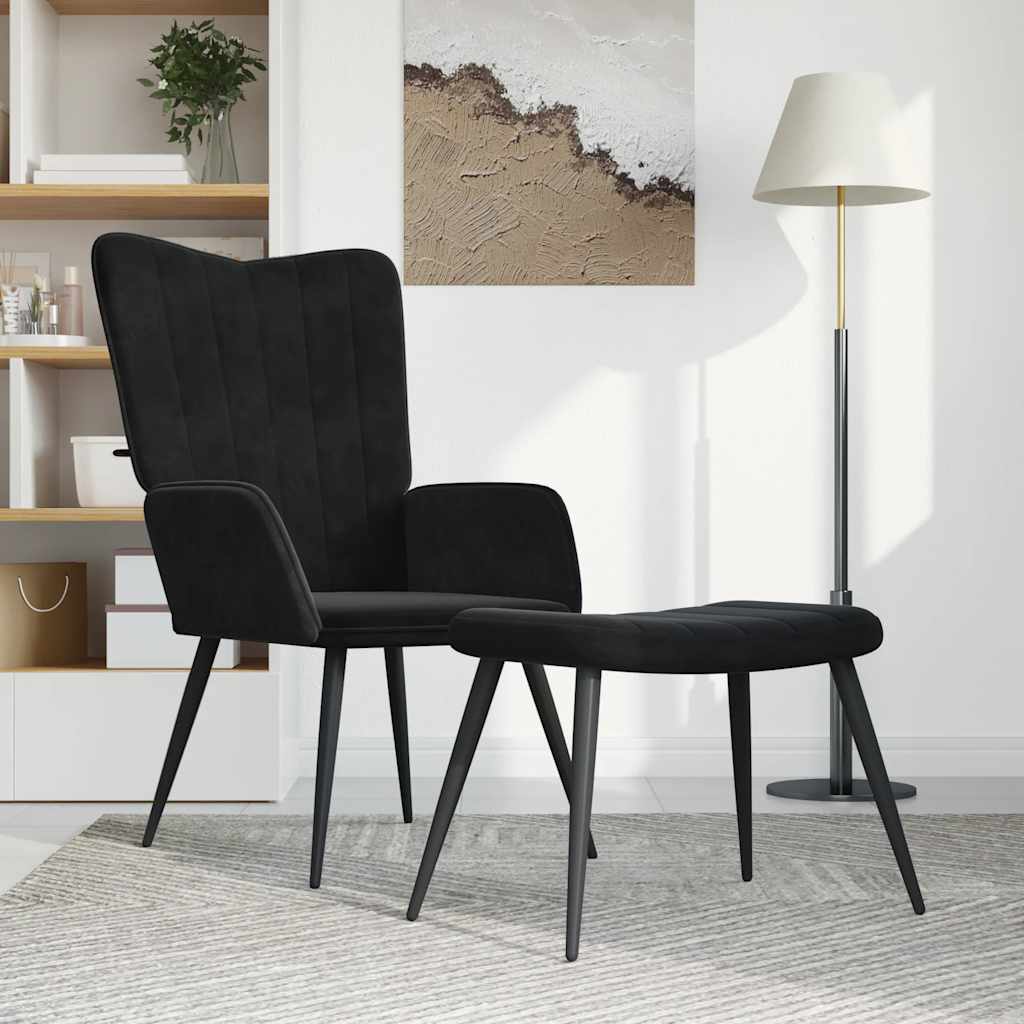 Vidaxl Armchair with Footstool, Black, Upholstered In Velvet