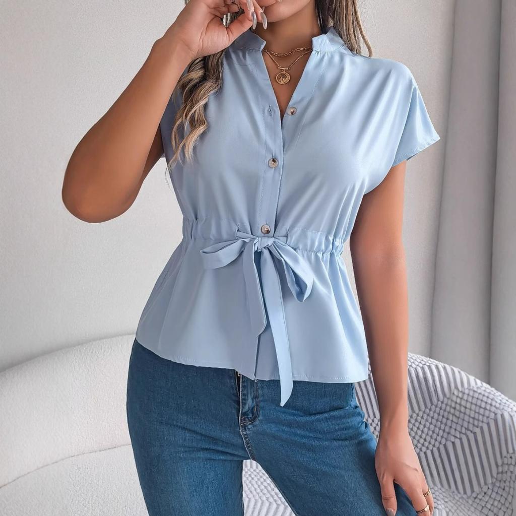 Summer Women's Chiffon Short Sleeve V-neck Button Down Shirt Elegant Casual Blouse With Waist Belt