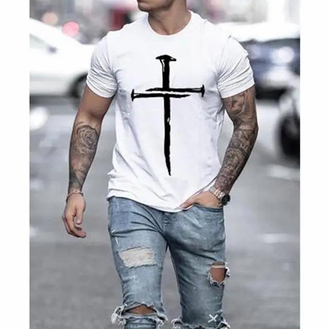 Round Neck Streetwear Mens Jesus Christ Cross Printed Tshirt Summer Casual Allmatch Fashion oneckd S