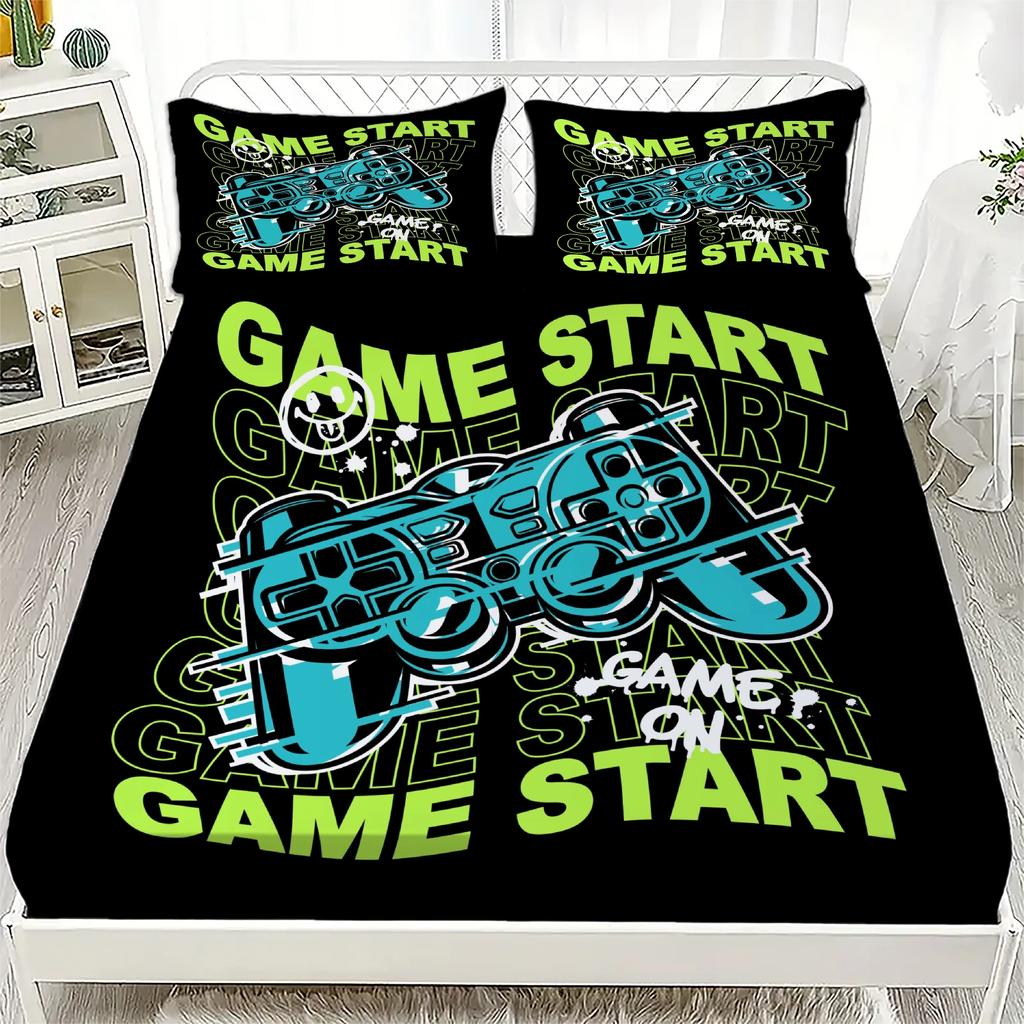 Game Controller Fitted Sheet Set 3D For Boys' Bedroom Decor Queen Size King Size Skin Friendly Washed Cotton Fitted Sheet