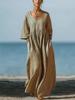 2026 Spring Summer~ New V-neck 5-point sleeve casual loose long cotton and linen dress