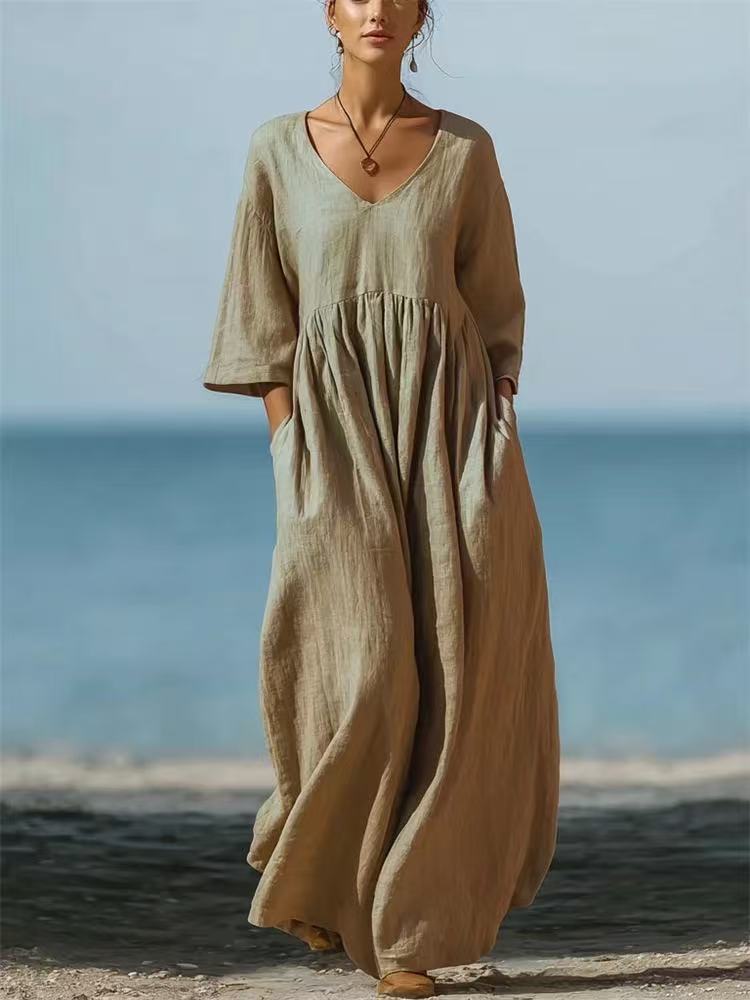 2026 Spring Summer~ New V-neck 5-point sleeve casual loose long cotton and linen dress