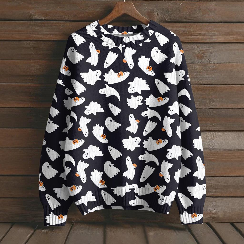 Men's Long Sleeve Pullover Sweater Casual Halloween Print Knit Oversized Sweater