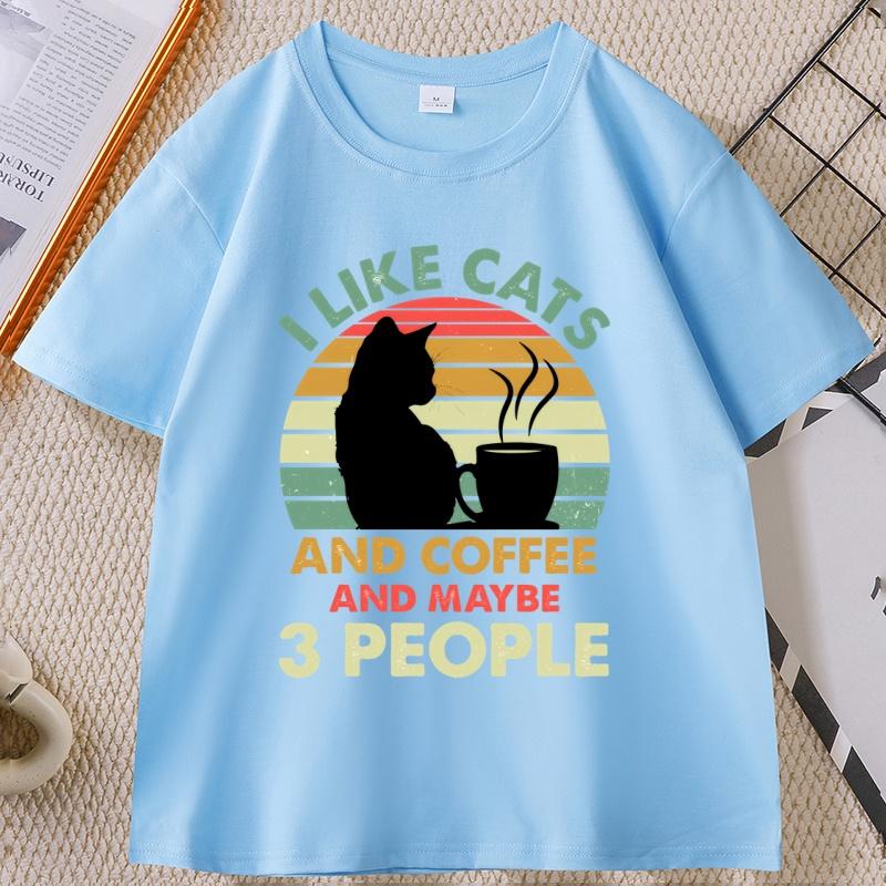 

Cats and Coffee Sunset Tshirt I Like Cats and Maybe 3 People Tshirt Casual Cotton Printed Short Sleeve T Shirt Streetwear 4XL