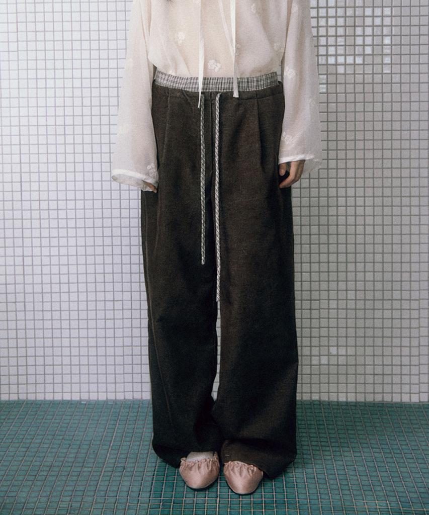 HOKUSPOKUS Check Mix Corduroy Elastic Pants_Brown
