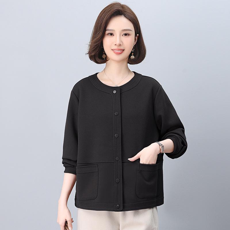 Women's Spring-Autumn 2025 Fashionable Age-Defying Round Neck Cardigan - Thin, Stylish Sweatshirt for Middle-Aged Moms