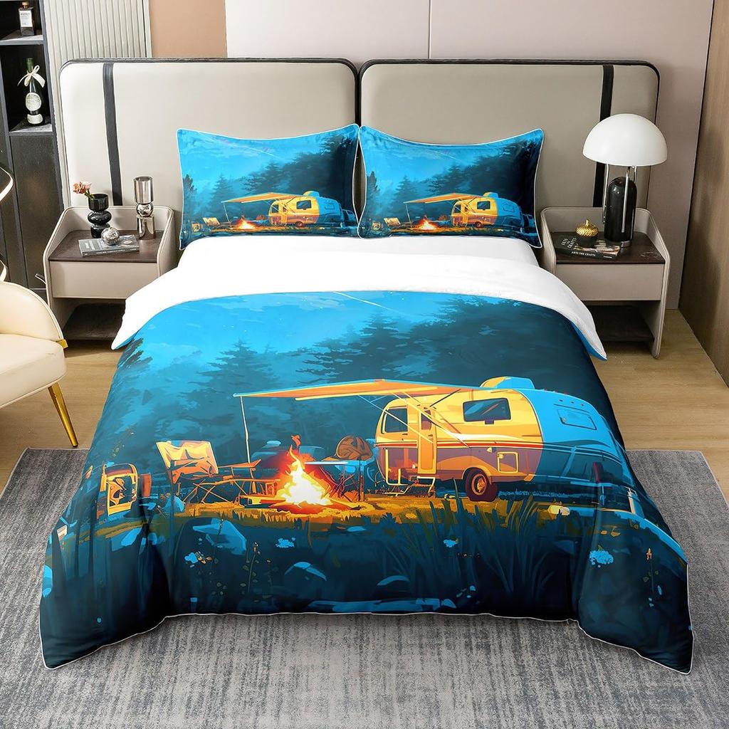 Camper Theme Duvet Cover Set for Teens Adults Kids Queen Size Quilt Cover with 2 Pillowcase Bonfire Evening Bedding Set 3 Pieces