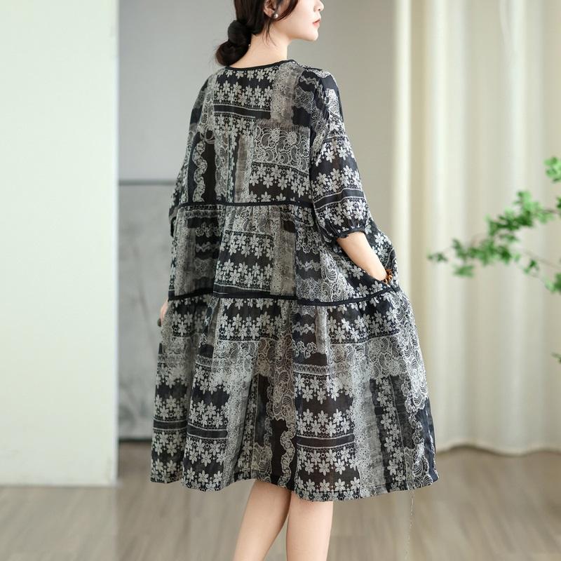 Krótki rękaw Plus rozmiar Bawełna vintage kwiatowe nowe sukienki dla kobiet swobodna luźna sukienka midi letnia