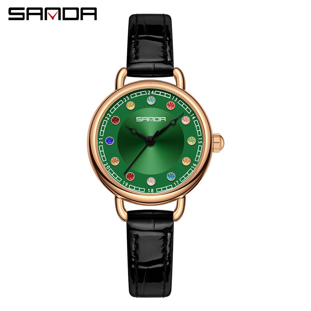 Sanda Women's Retro Rhinestone Quartz Watch - Elegant Green Design
