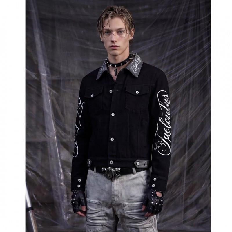 Mens Punk Style Washed Denim Jacket With Letter Print Loose Fit Casual Outerwear Black