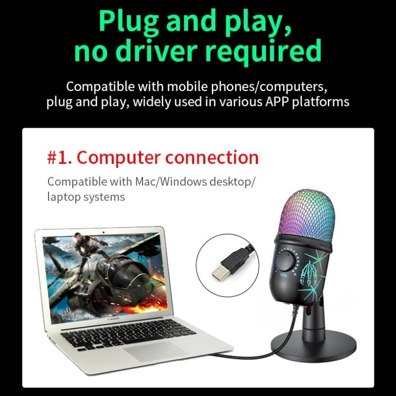 Microfono USB Play Gaming Mic per PC Mac PS4/5 Microfono Podcast con RGB Mute Monitor Riduzione del Rumore per Registrazione Streaming
