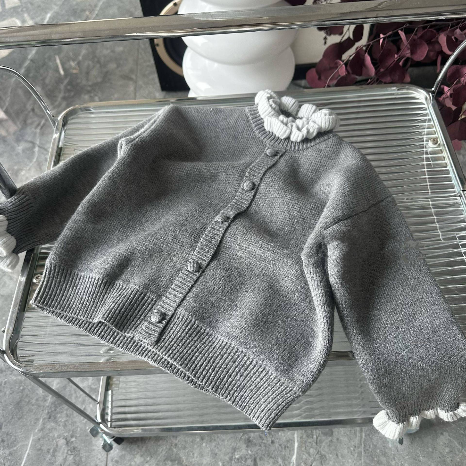 Girls Autumn Winter Thickened Fleece Knit Sweater Korean Ruffle Hem Warm Top 90