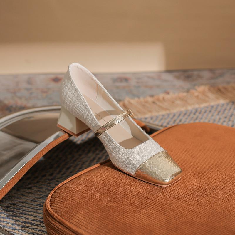 Classic Fashion Color Matching Metal Square Head Thick Heel Single Shoes New Women's High Heels Versatile