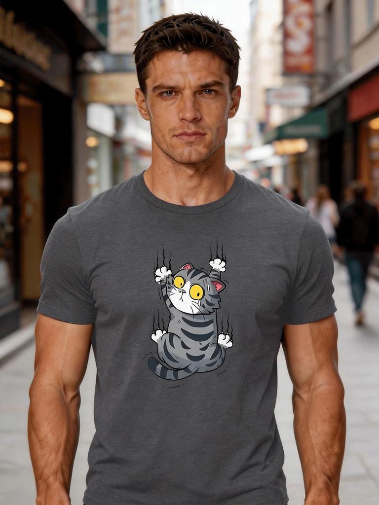 Unisex White Crew Neck Tee Cartoon Frightened Grey Tabby Cat Scratch Wall Big Yellow Eyes Cute Nervous Kitten Pet Casual Cotton Top
