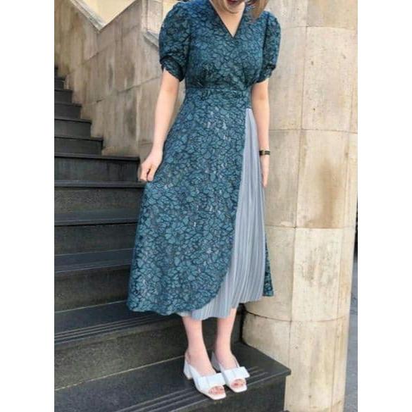 Lily Brown Lace Pleated Long Dress Green 0 Short Sleeve