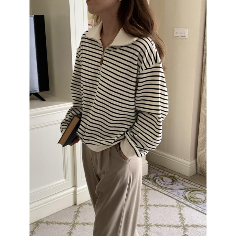 

Contrasting striped sweater women s spring loose long-sleeved bottoming shirt large size zipper lo lapel top L абрикосовый