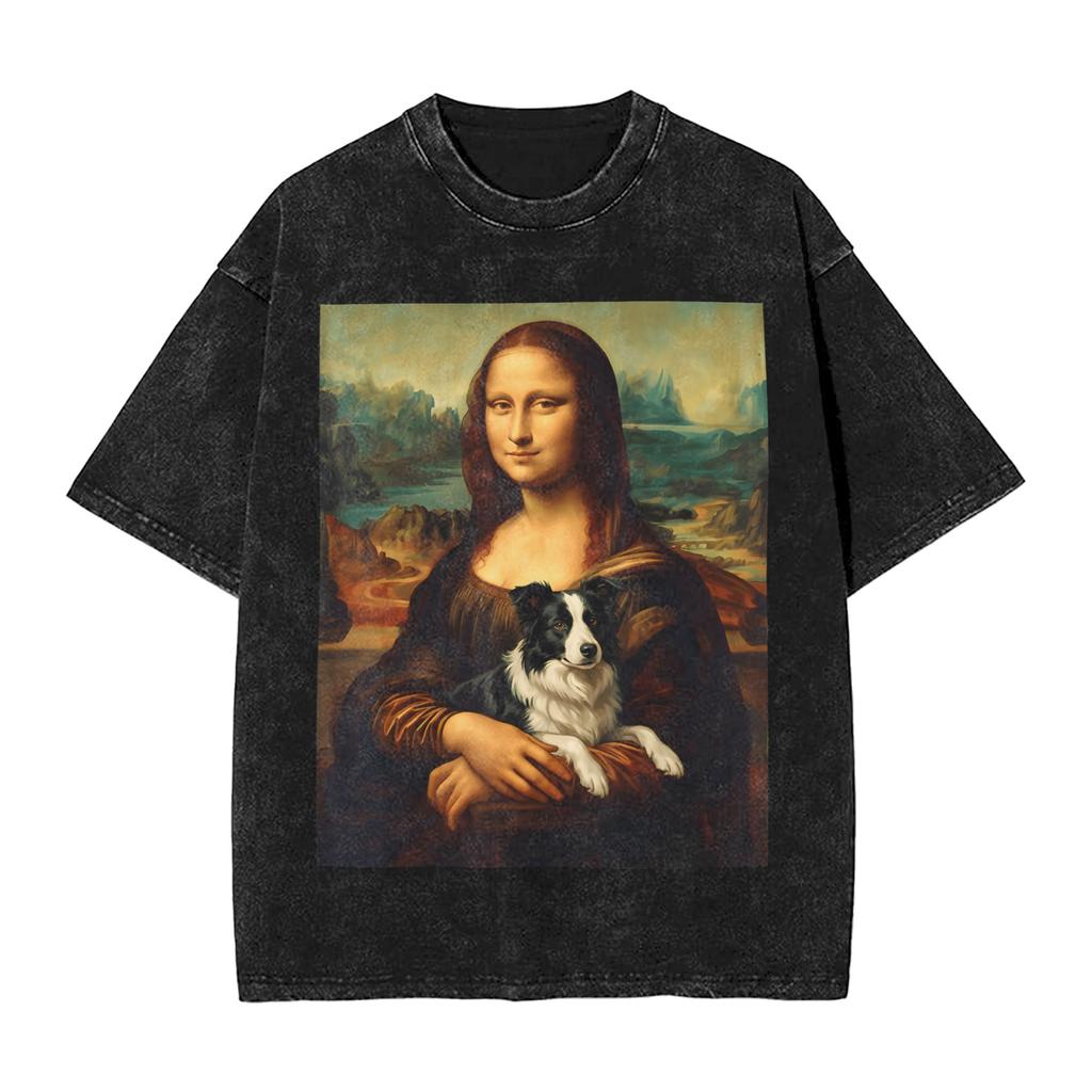 Mona Lisa Border Collie Funny Dog Lover Classic Art Washed T-Shirt Men Street Cotton T-Shirts Beach Breathable Fashion Tee Shirt
