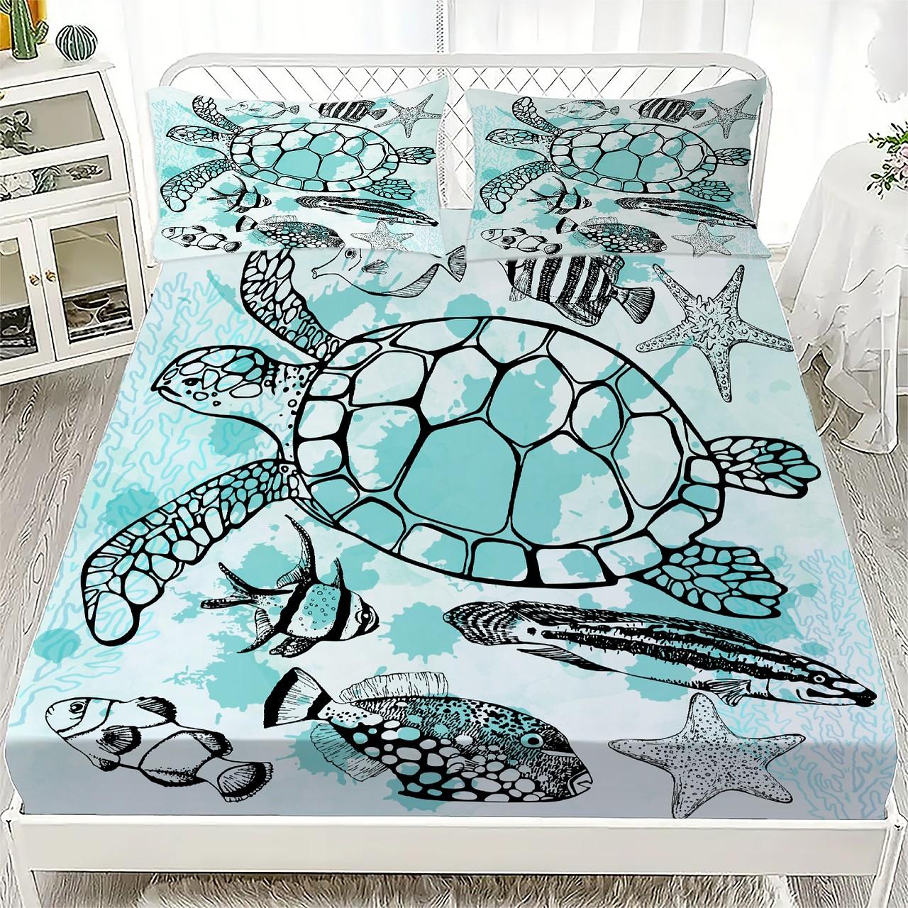 

Underwater Ocean Theme Bed Sheet Set Blue White Coral Turtle Seashell Print 100% Cotton Fitted Sheet Breathable for Kids Room 100x190x40cm 2pcs