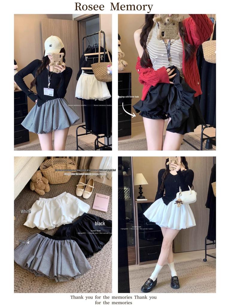 Korean Style Women's 2025 Summer High-Waist Slimming Midi Puff Skirt with Anti-Exposure Shorts
