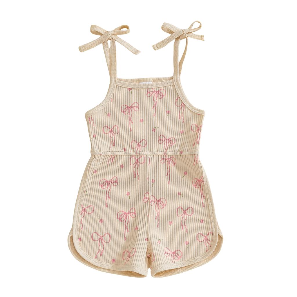 Little Girl Summer Cami Jumpsuit Sleeveless Floral Bow Print Tie Shoulder Shorts Jumpsuits