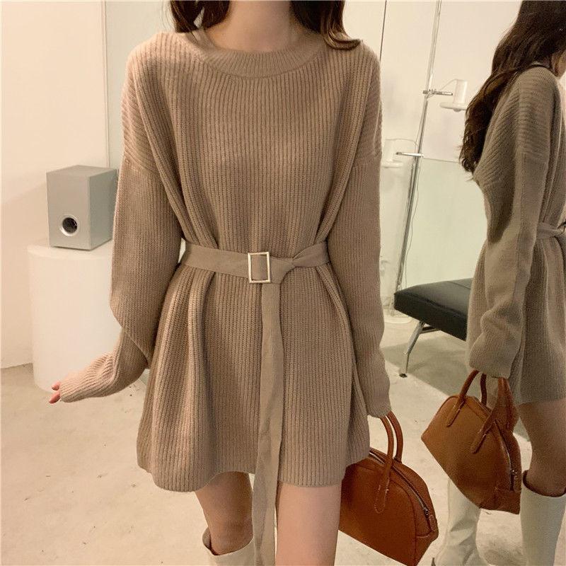 Women's Knit Dress Autumn Winter Simple Midi Sweater Dress Slim Fit Pullover Sweater Dress with Belt