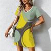 Summer Fashion Women's V Neck Short Sleeve Retro Geometric Pattern Printed  Dress Sex Short Skirt Dresses