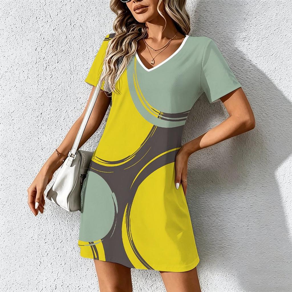 Summer Fashion Women's V Neck Short Sleeve Retro Geometric Pattern Printed  Dress Sex Short Skirt Dresses