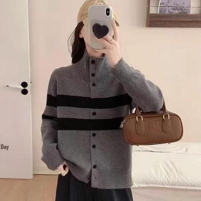 Women's Retro Academy Knit Polo Cardigan - 2026 Autumn/Winter Striped Loose Long Sleeve