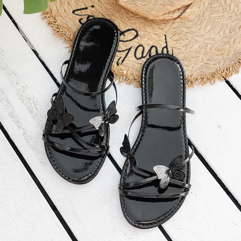 Fashion Butterfly Design Woman Slippers Summer Chic Rose Gold Metal Band Slides Ladies Casual Outdoor Flat Beach Sandal Shoes Plus Size