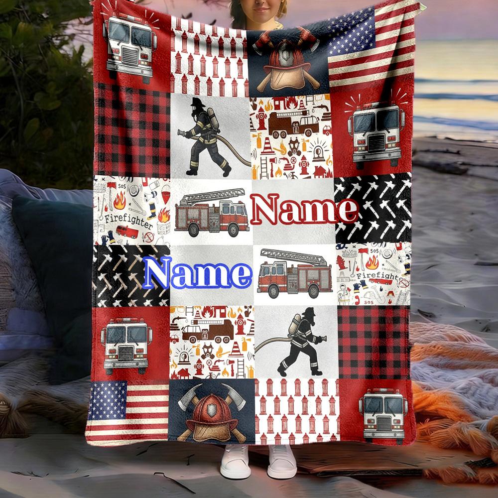 Firefighter Theme Customize Your Name Outdoor Blanket Comfortable Soft Lightweight Allseason Multipurpose Blanket For Travel Camping Picnics Sofa