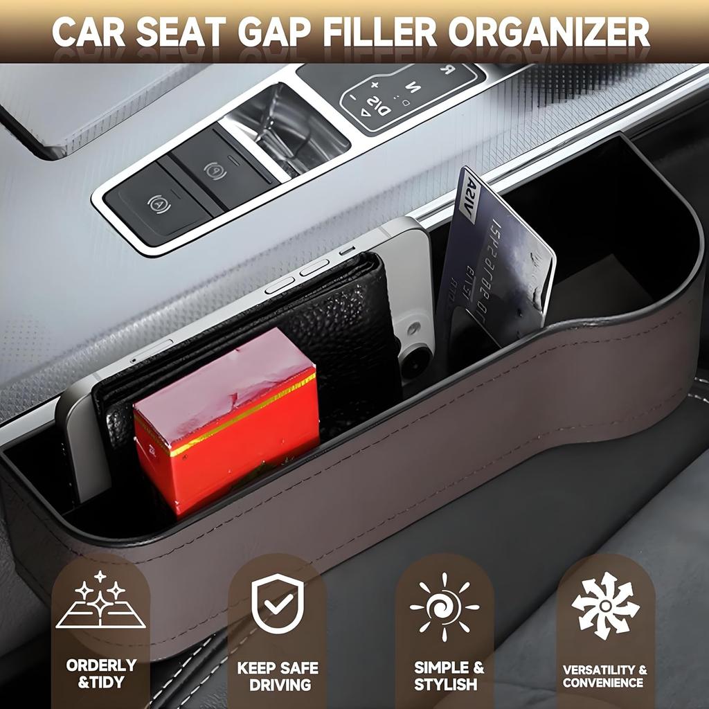 2026 Upgraded 2 PC (L+R) Premium PU Leather Car Seat Gap Filler Organizer With Cup Holder & Storage Slot/Bag– Fits Front Seat, Holds Phone,