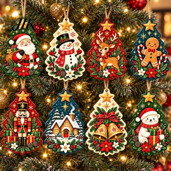 Christmas Window Hanging Decor 8Pcs Wooden Ornaments with Hemp Rope for Holiday Tree Decorations, Decorative Santa Rustic Claus Snowman Gingerbread