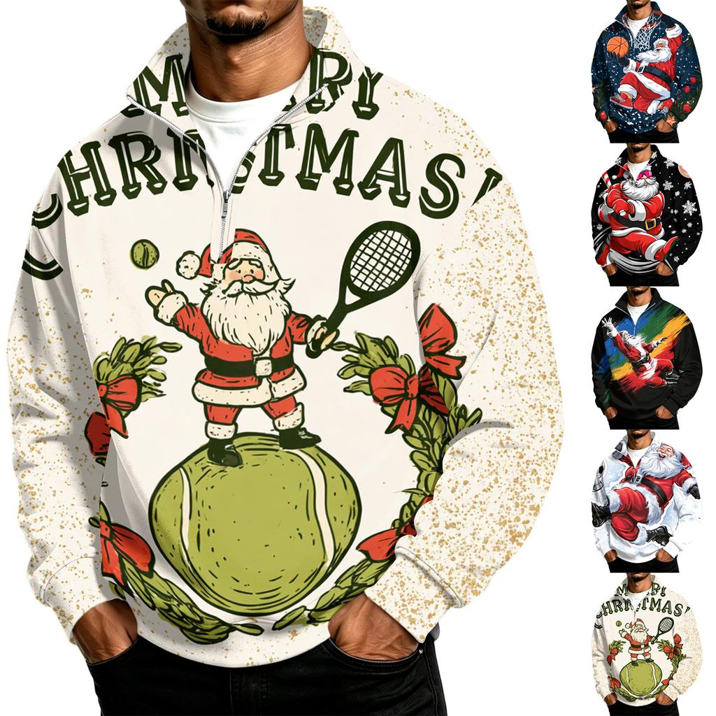 Men's Casual Quarter-Zip Stand Collar Sweatshirt with Christmas Print for Holiday Wear