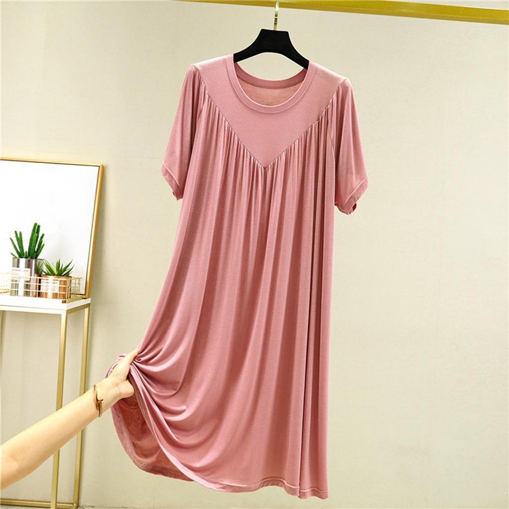 Summer Women's Dress With Long Loose Insole Solid Color Short Seeved Dress Night Dress