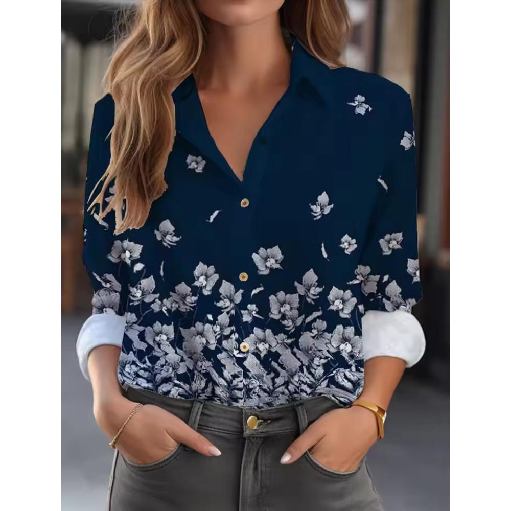 Women Casual Feather Print Turn Down Collar Long Sleeve Shirt White Pink Blue for Autumn Woman Clothing
