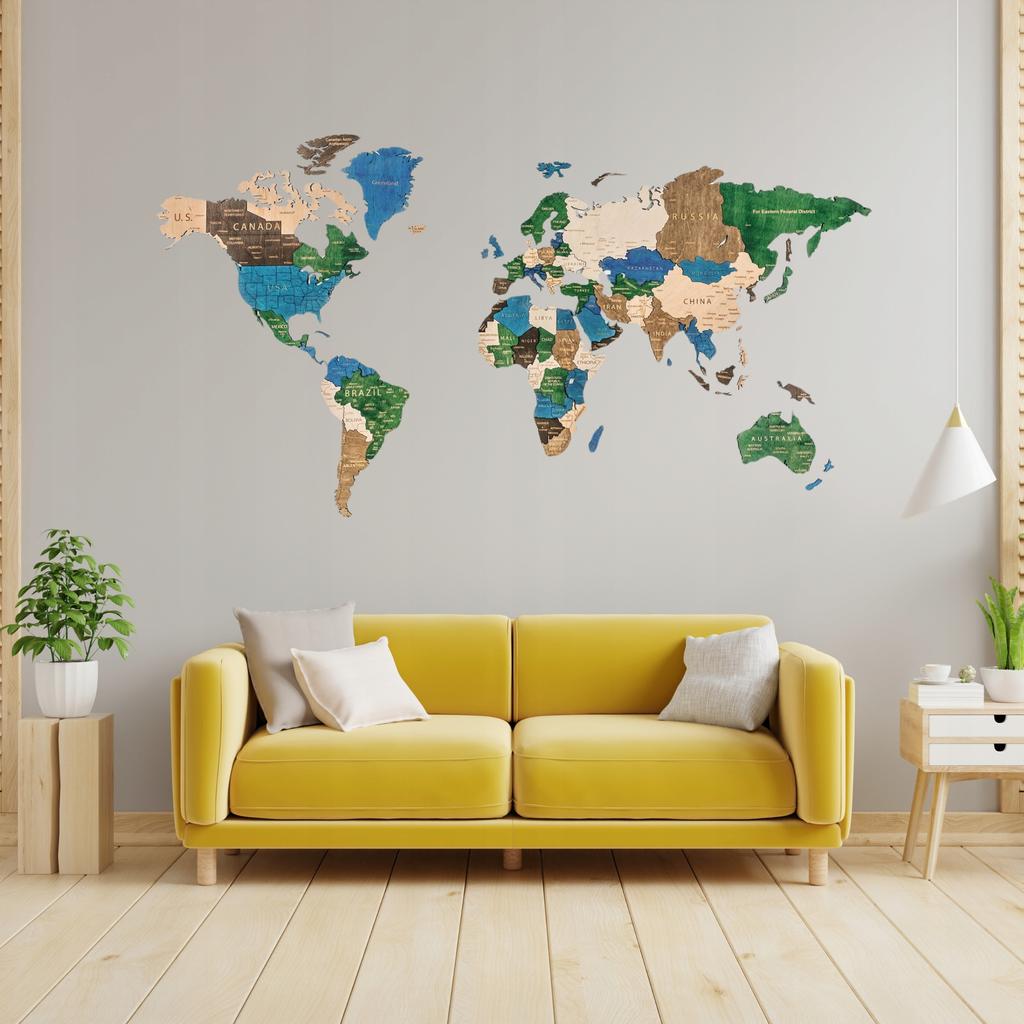 3D Wooden World Map Multicolor 105cm with Cities Wall Decoration