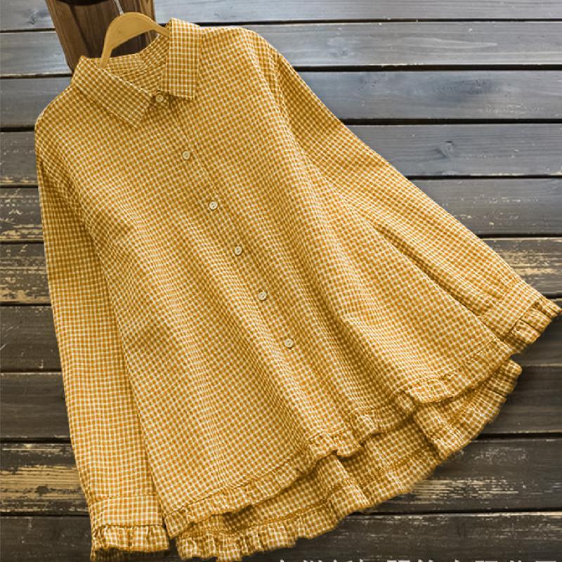 Solid Color Lapel Pullover Loose A-shaped Plaid Shirt for Women